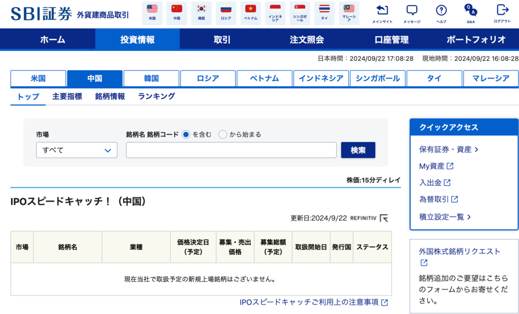 SBI証券 中国株トップページ