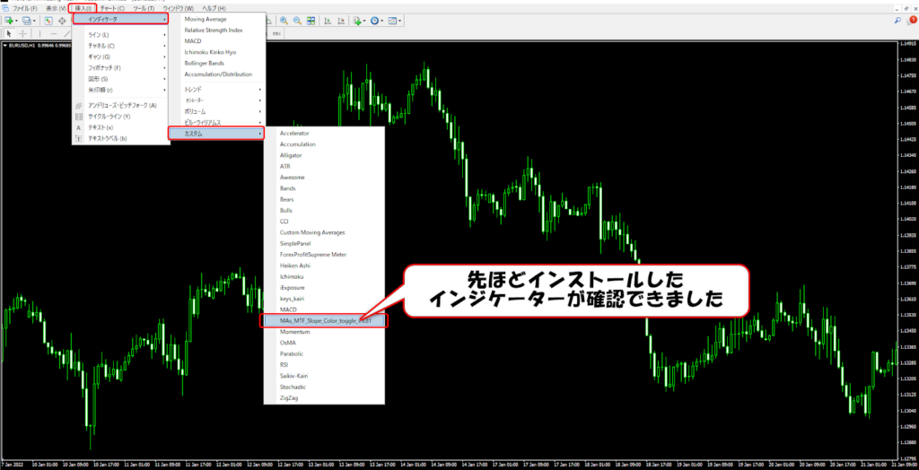 インストールしたインジケータの確認1